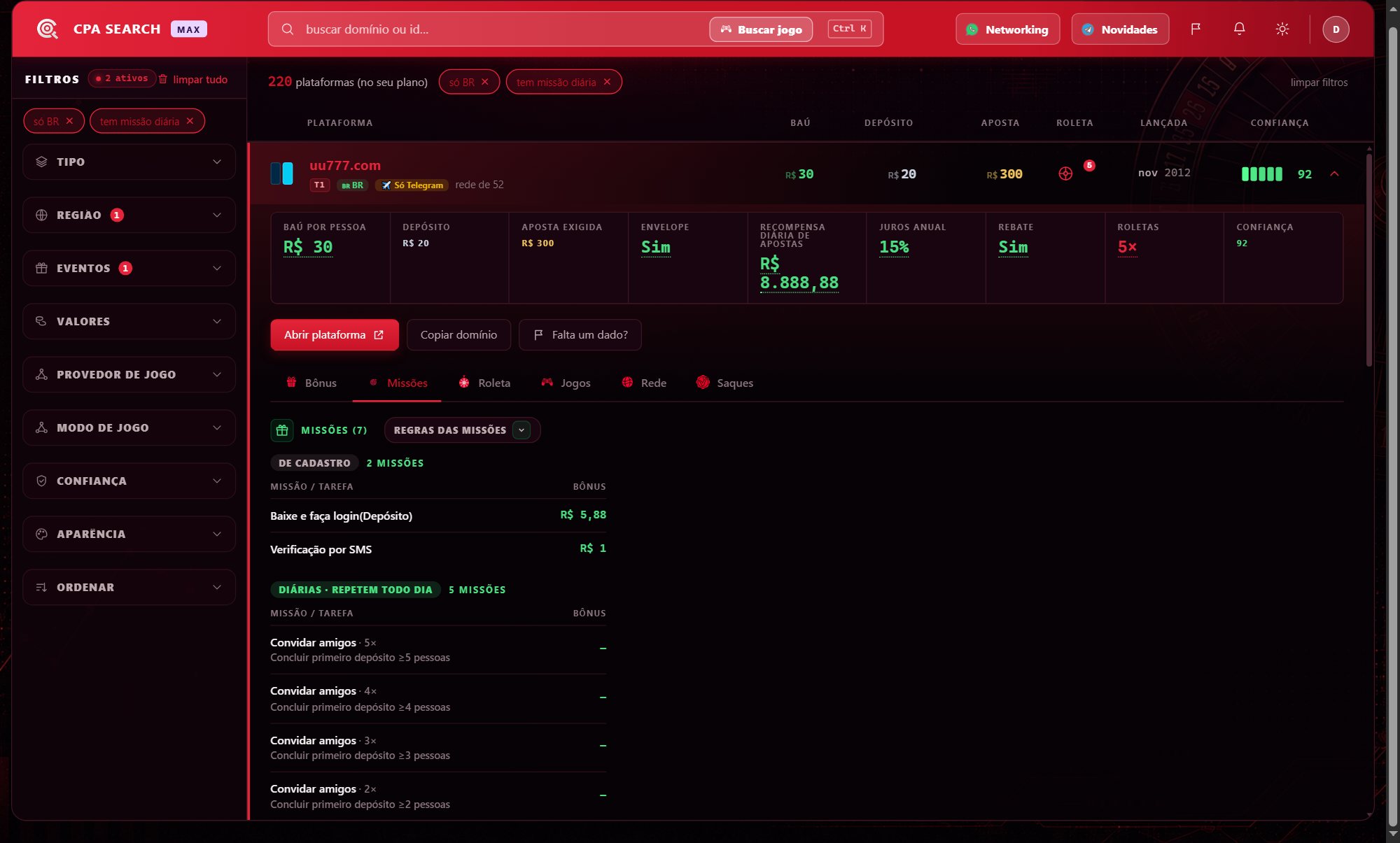 Missões diárias e semanais de convite, com o valor por indicado e a faixa real paga pela plataforma.