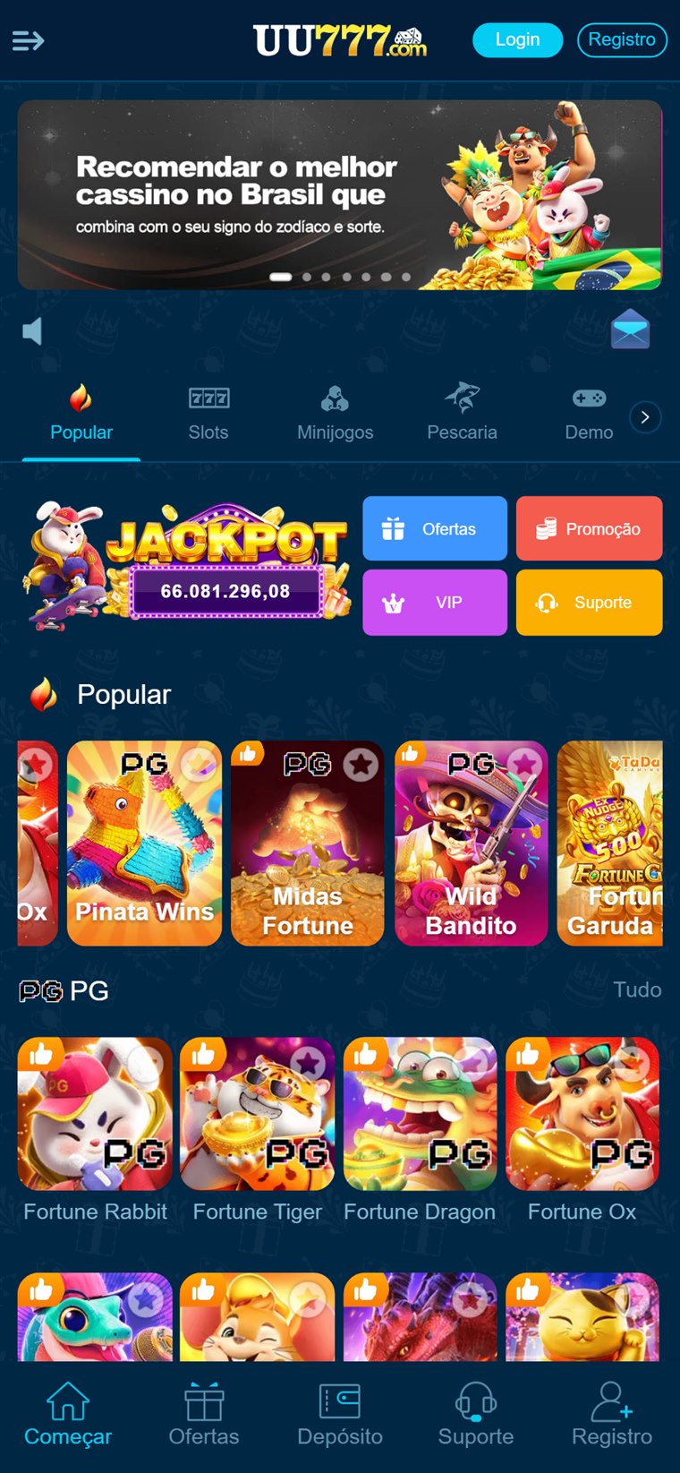 Exemplo de plataforma Tipo 1 (China Padrão) — lobby com jackpot, provedores e jogos.