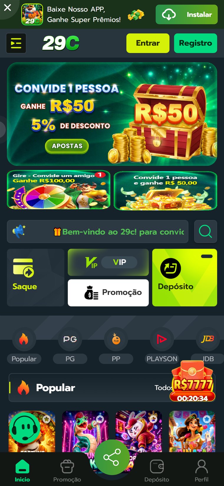 Exemplo de plataforma Tipo 2 (AppConfig) — lobby estilo app com banners e jogos.